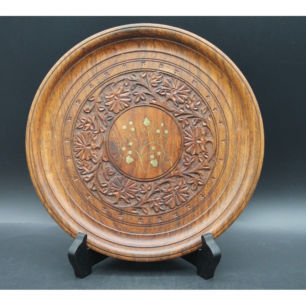 Carved Boho Wood Decorative Plate Brass Inlay Floral Round Platter Wall Decor